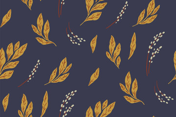 Seamless floral pattern, vintage nature print in autumn colors. Abstract botanical design of small hand drawn plants, yellow leaves, simple tassel flowers on blue field. Vector illustration.