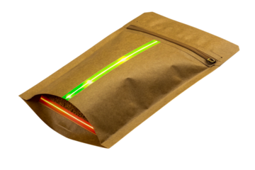 Kraft Paper Pouch with Green and Red Glowing Stripes on Transparent Background, ai generated