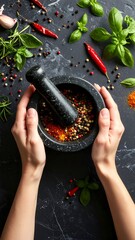 Overhead shot of grinding spices in mortar with hand holding pestle.