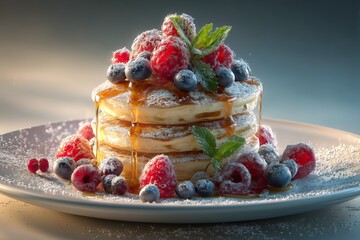 Golden Stacked Banana Pancakes with Blueberries, Raspberries & Maple Syrup on White Plate – 4K Photorealistic Breakfast Styling for Menus, Food Blogs, and Healthy Eating Campaigns