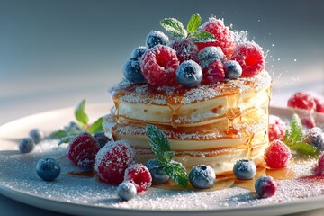 Golden Stacked Banana Pancakes with Blueberries, Raspberries & Maple Syrup on White Plate – 4K Photorealistic Breakfast Styling for Menus, Food Blogs, and Healthy Eating Campaigns