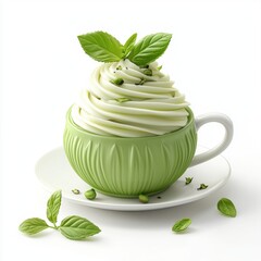 Fresh creamy herbal matcha tea in a decorative green teacup garnished with mint leaves on white background for healthy beverage concept