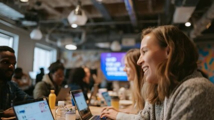 Collaboration and Innovation: A dynamic office scene captures a team of professionals engaged in collaborative work. Light streams illuminate the modern work area, fostering creativity and teamwork. 