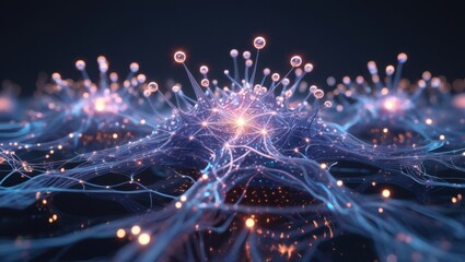 Futuristic neural network visualization, glowing synapses and brain connections in blue digital matrix
