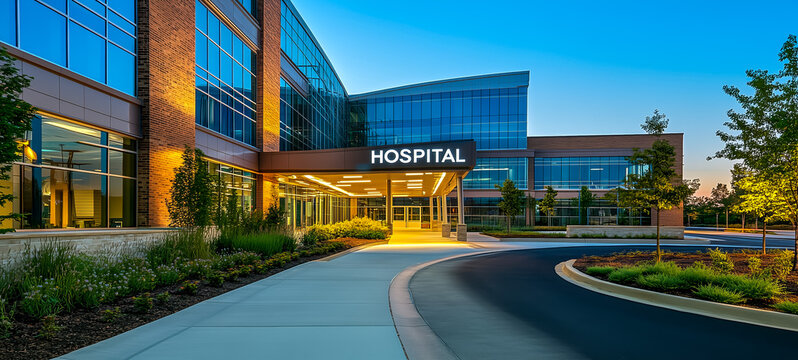 Modern hospital building entrance with illuminated sign at twilight