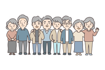 シニア男女8人が仲良く集まるイラスト