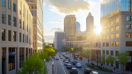 Urban cityscape at sunset with buildings and traffic