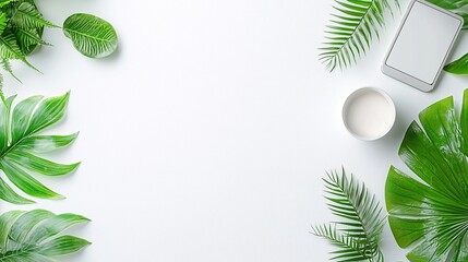 Clean White Office Desk with Green Tropical Leaves Planner and Phone