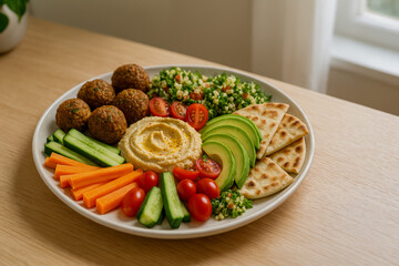 Colorful platter of healthy mediterranean dishes with hummus and veggies