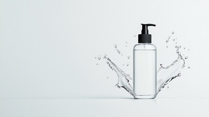 Clear Glass Bottle with Pump Dispenser and Water Splash on White Background