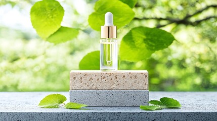 Clear Glass Dropper Bottle on Natural Stone Display with Green Background