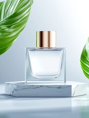 Clear Glass Perfume Bottle with Gold Cap on Marble Display with Green Leaves
