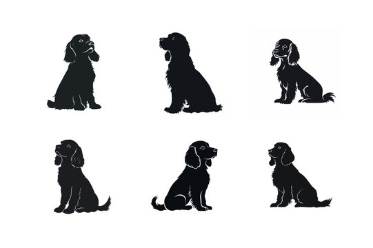 Six silhouettes of cocker spaniels sitting
