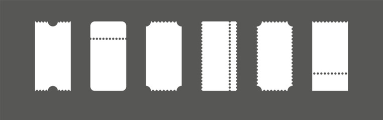 Empty paper coupons and tickets. Admission passes for theater, travel, or sales promotions. Isolated white ticket mockup designs.