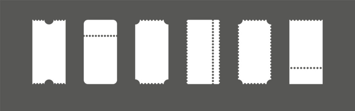 Empty paper coupons and tickets. Admission passes for theater, travel, or sales promotions. Isolated white ticket mockup designs.