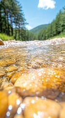 Clear River Water Flowing Over Smooth Stones in Mountain Valley