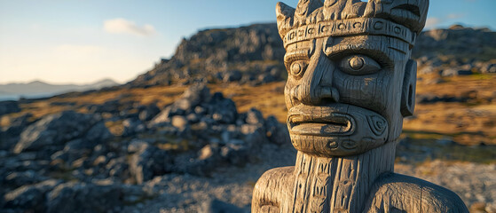 Carved Stone Figure Against Mountain Landscape