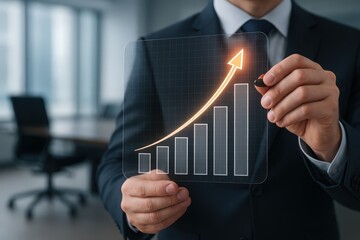 Businessman demonstrating financial growth concept using a transparent screen displaying a rising graph and upward arrow symbol