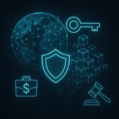 Global Cybersecurity Concept with Key, Blockchain, Shield, Gavel, and Finance 