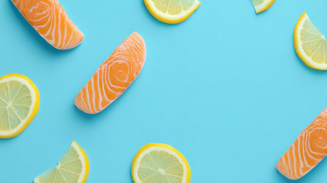 Salmon slices and lemon wedges on blue background, fresh seafood and citrus layout with vibrant color and clean minimal composition for culinary design