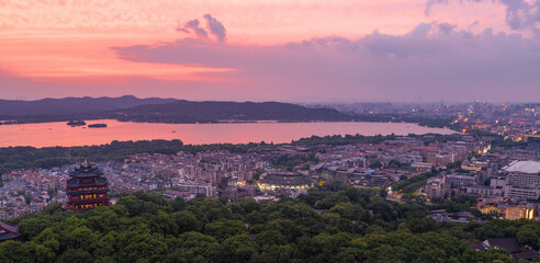 Hangzhou west lake chenghuang pavilion at sunset