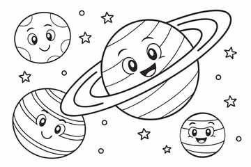 kids coloring page, planets, cartoonish, friendly, thick outlines, no color