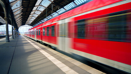 A red train rushes past a platform at a busy railway station, showcasing the hustle of daily travel during the day, with sunlight filtering in. Motion blur. Generative AI.