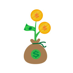 vector of newly grown money plant with a sack of money in a pot