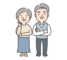 Fototapeta premium 顔に手を当てるシニア女性と、腕を組むシニア男性の全身イラスト