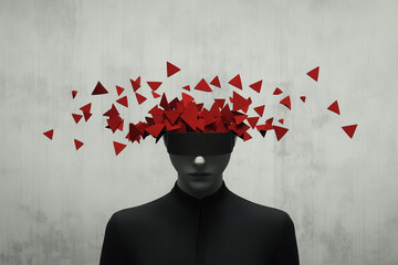 A woman with her head covered in red triangles, wearing black, and blindfolded / overthinking concept
