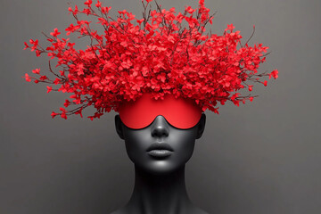 Black mannequin head with red flowers on top, wearing a blindfold over the eyes, high-fashion concept art