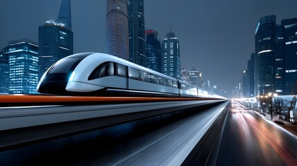 Futuristic bullet train gliding above a glowing cityscape at night