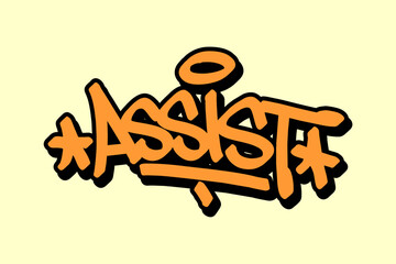 Assist graffiti tag in bold orange with black outline on bright yellow background. Urban street style fused with basketball teamwork energy.perfect for sports art, hip hop visuals, and culture-inspire
