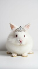 Adorable White Angora Rabbit Wearing a Sparkling Tiara Crown