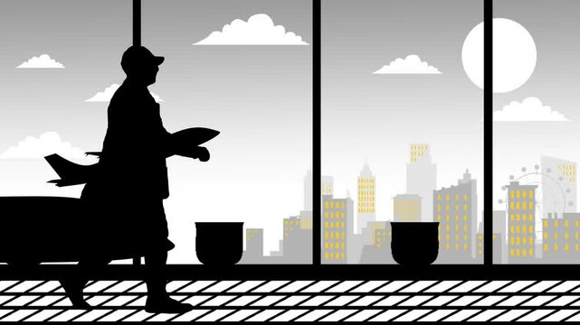 silhouette video of people walking at the airport with parallax effect