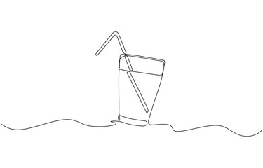 Glass of water with ice, old drink with a straw for drinking, Drink Glass with ice cubes. Cocktail with straw line art style icon. Continuous line drawing vector illustration.