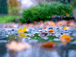 Close-Up of Wet Stones and Autumn Leaves in Rain