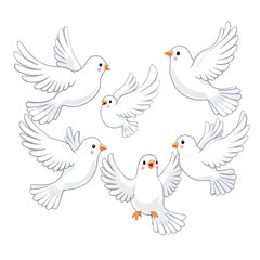 Obraz premium A group of six white cartoon doves with orange beaks and pink cheeks flying on a black background isolated with white background