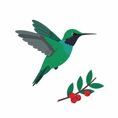 Obraz premium Emerald Hummingbird Flying To Berries
