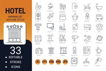 hotel elements, editable stroke web icon set – thin outline travel and tourism vector collection