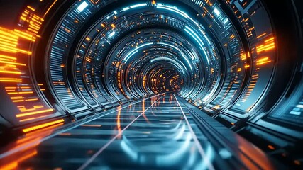 Futuristic technological tunnel with glowing lights for technology and science fiction themes - Powered by Adobe