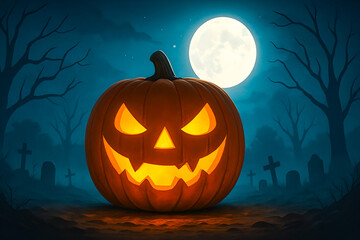 Fototapeta premium Spooky Halloween Pumpkin with Full Moon in Background
