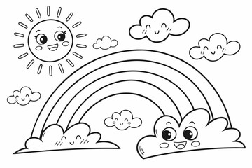 Naklejka premium kids coloring page, rainbows, cartoonish, friendly, thick outlines, no color