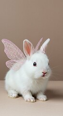 Obraz premium Adorable White Bunny Rabbit with Pink Fairy Wings Cute Pet Animal Photo