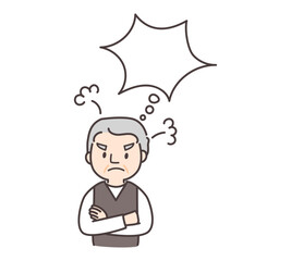怒った表情で考え事をするシニア男性のイラスト
