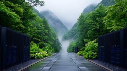 Modern Data Center in a Lush Mountain Valley
