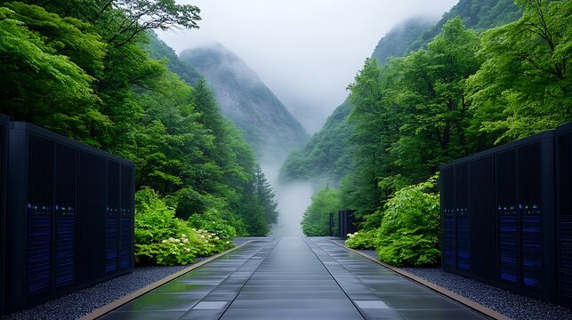 Modern Data Center in a Lush Mountain Valley