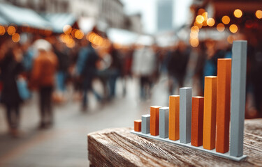 A colorful bar chart highlights sales growth in a vibrant market bustling with activity during the evening