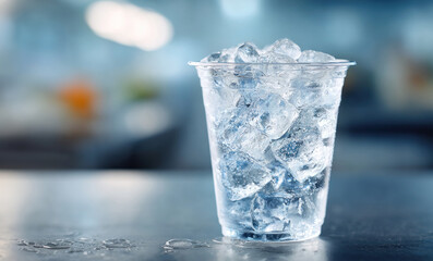 A clear cup filled with ice water captures the light beautifully, sitting on a counter in a bright and inviting environment