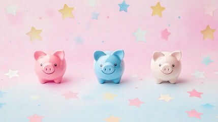 Colorful Piggy Banks on Pastel Background with Star Decorations